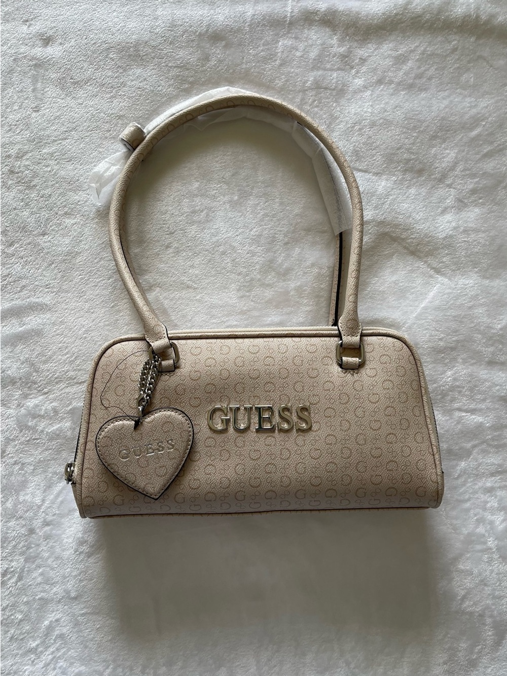 GUESS Beige Logo Dome Shoulder Bag with Heart Charm
